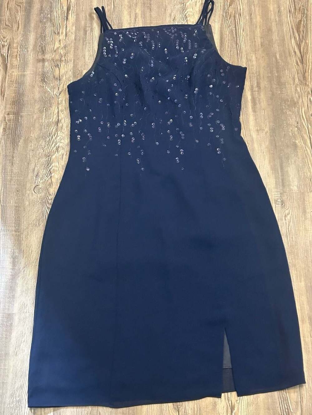 Onyx Nite Navy Blue Sleeveless Sequin Embellished Evening Dress Size 16